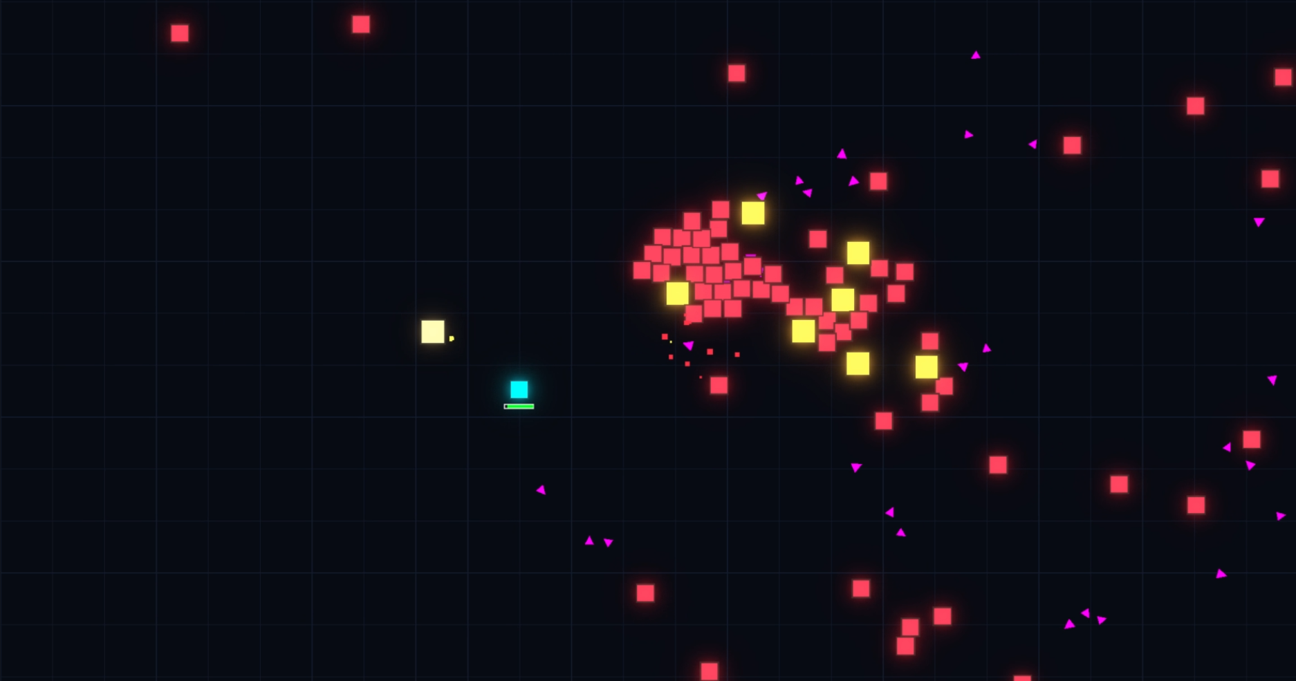 Neon Swarm gameplay screenshot with player, enemies and glowing projectiles